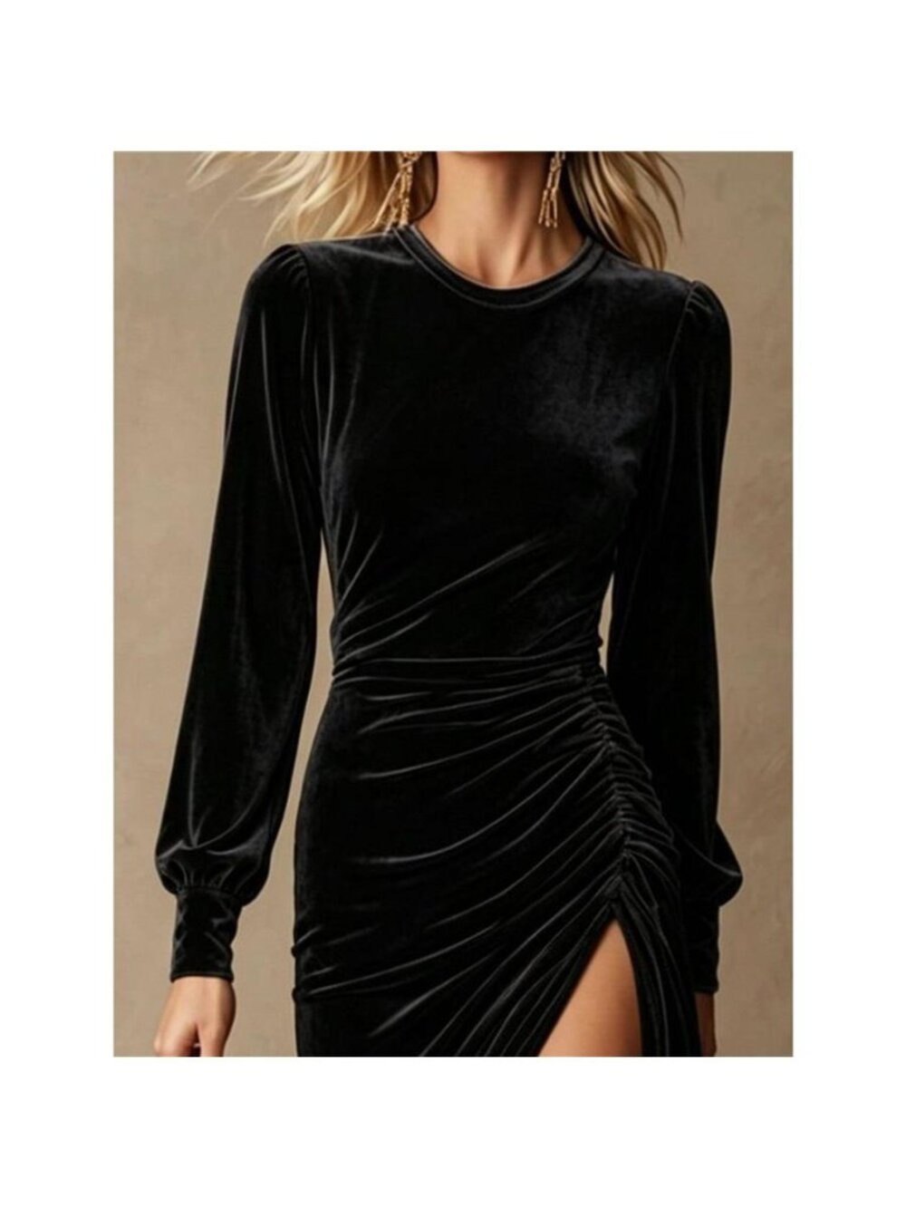 Velvet Ruched Long-Sleeve Slit Dress